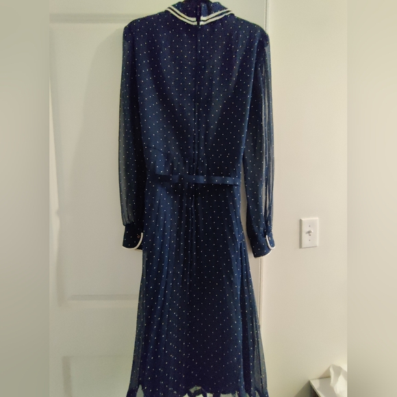 Vintage navy blue dress white polkadots - Picture 2 of 6